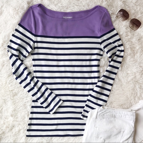 Old Navy Tops - Old Navy white/navy/purple long sleeve tee size M
